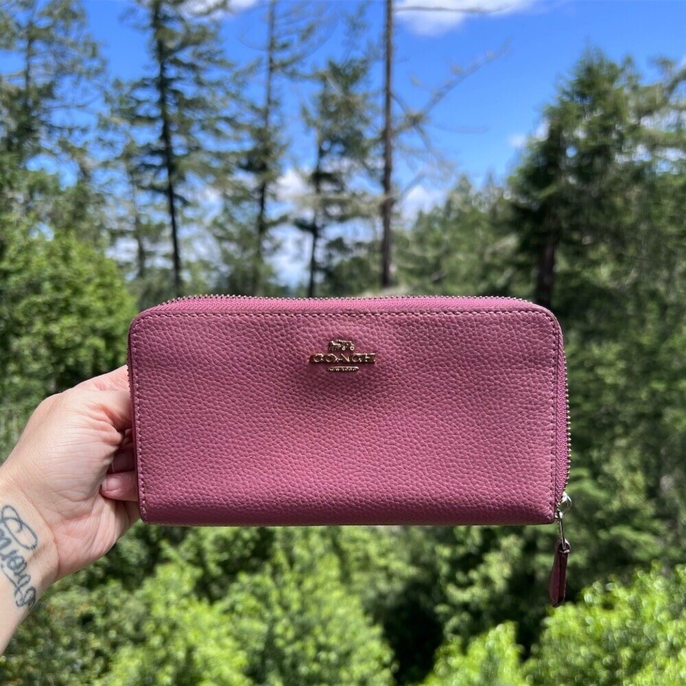 COACH Long Zip-Around Wallet PINK Pebble Leather with Gold Hardware AUTHENTIC